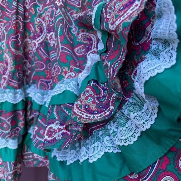 Vintage 80’s Square Dancing Paisley Print Dress Green and Dark Pink With Lace - Picture 16 of 16